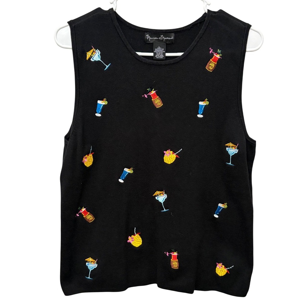 Mercer & Madison Black Sleeveless Sweater Embroidered Tropical Cocktails Women L